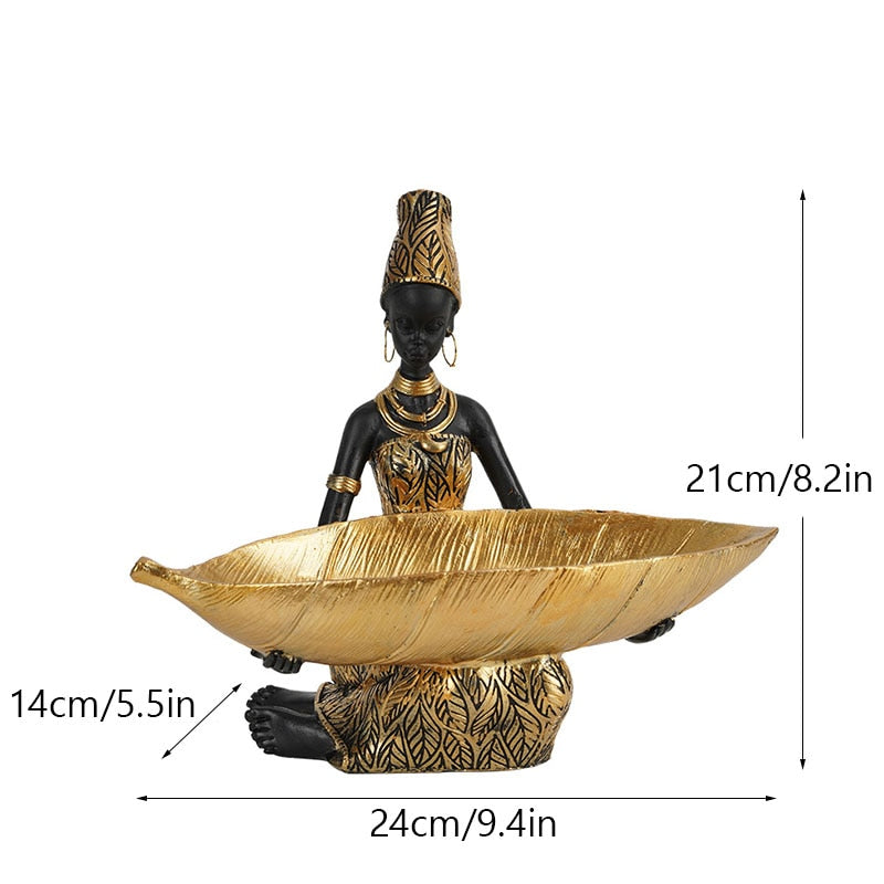 Resin Black African Woman Storage Figurines for Interior Exotic Figure Statues Desktop Entrance Keys Container Decor