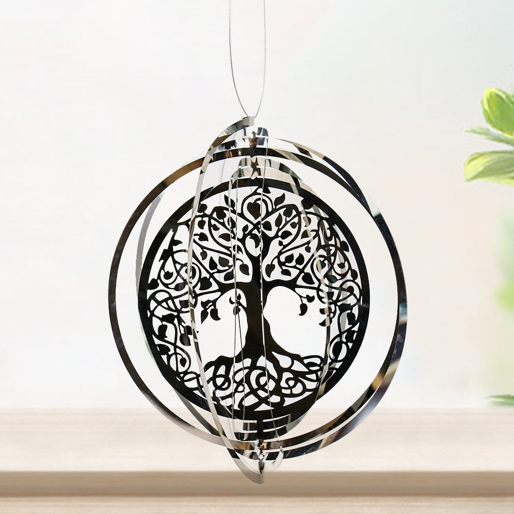 Stainless Steel 3D Rotating Wind Chimes Hummingbird Life Tree Owl Hanging Ornaments Outdoor Home Garden Farmhouse Spiner Decor