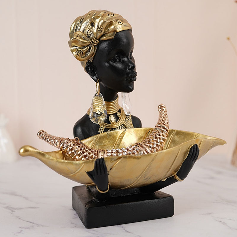 Resin Black African Woman Storage Figurines for Interior Exotic Figure Statues Desktop Entrance Keys Container Decor