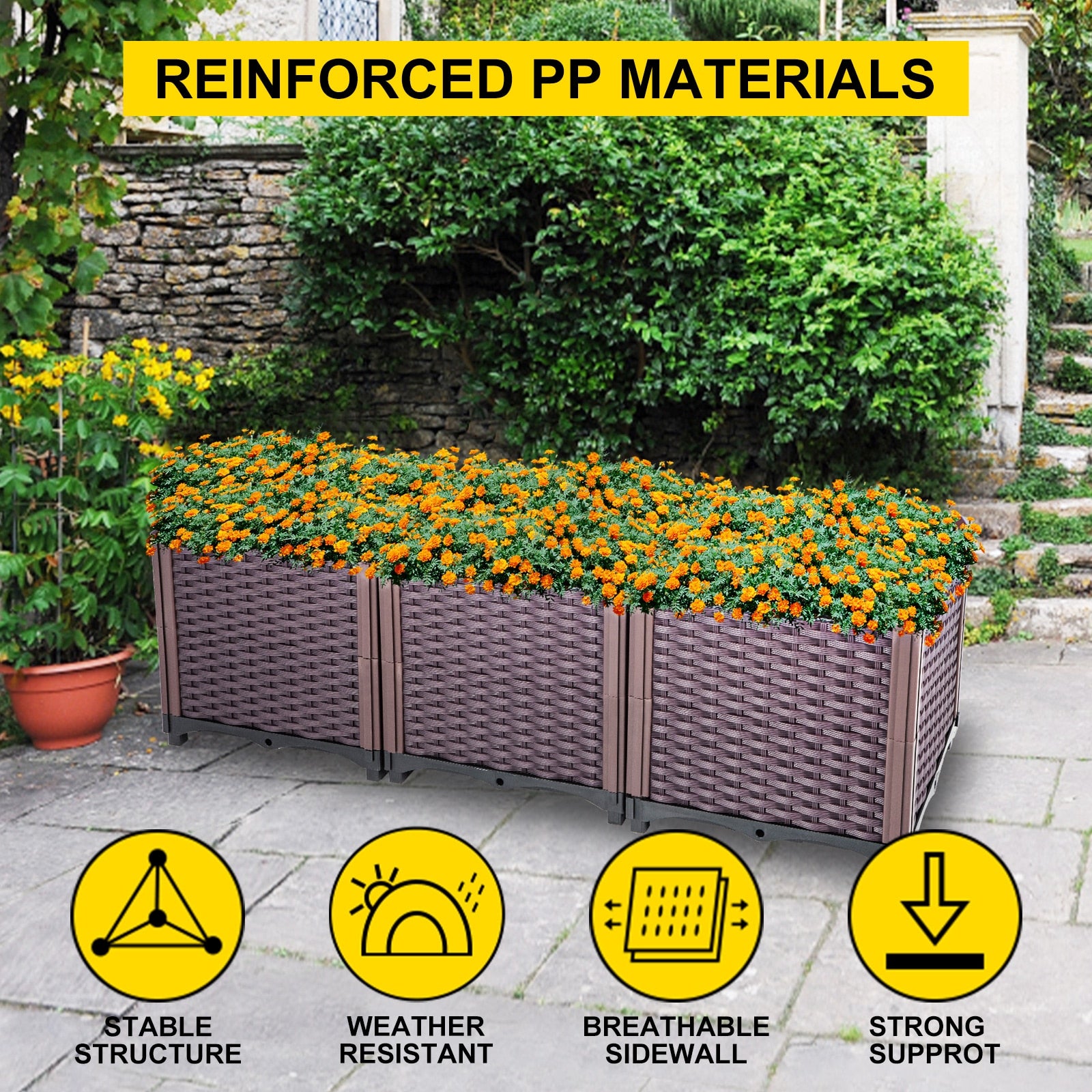 VEVOR Plastic Raised Garden Beds In/Outdoor 20.5"H/14.5"H Flower Box Kit Brown Rattan Style Grow Planter Care Box Set of 3/4