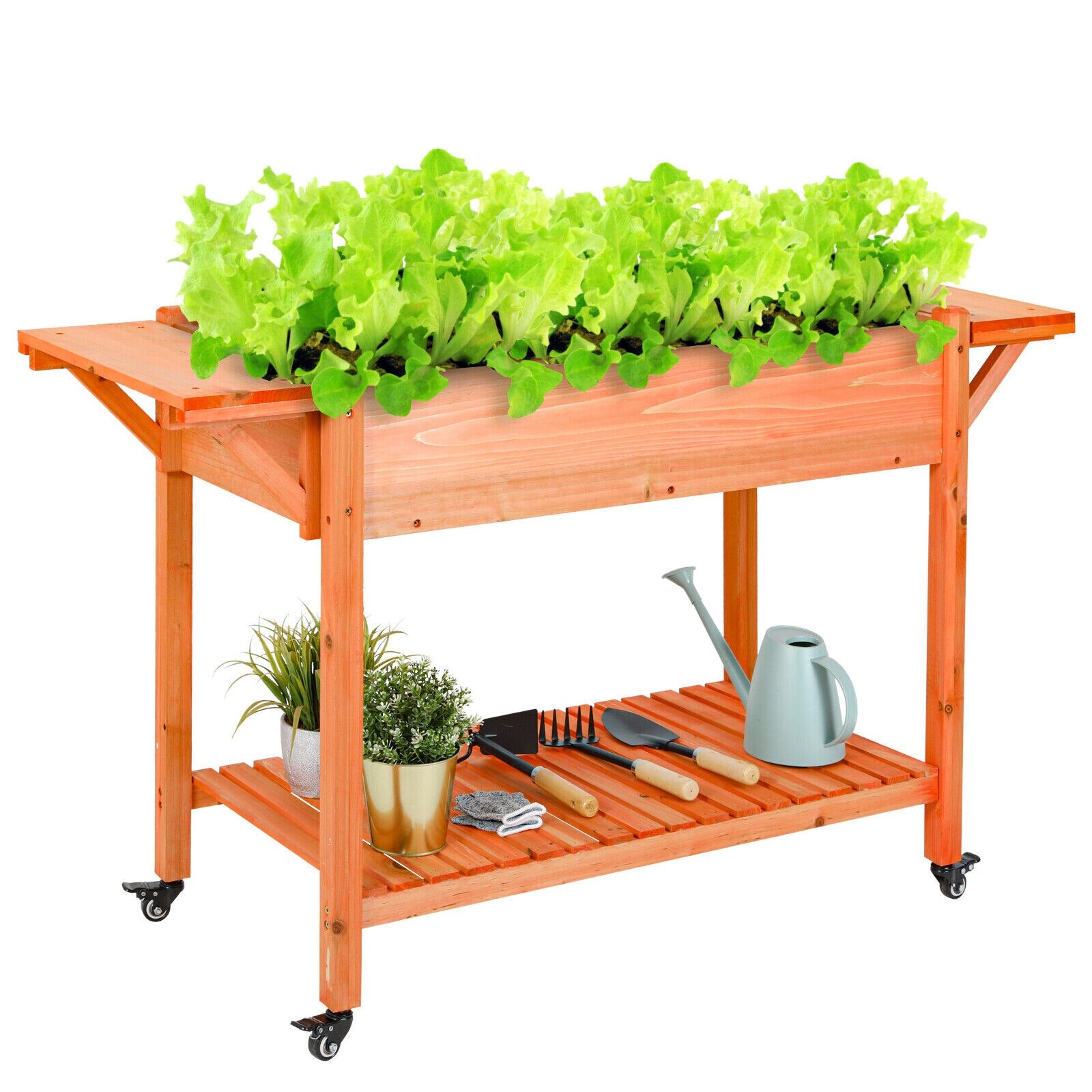 Raised Garden Bed on Wheels, Wood Planter Box W/ Side Table 2 Colors Out/ Indoor