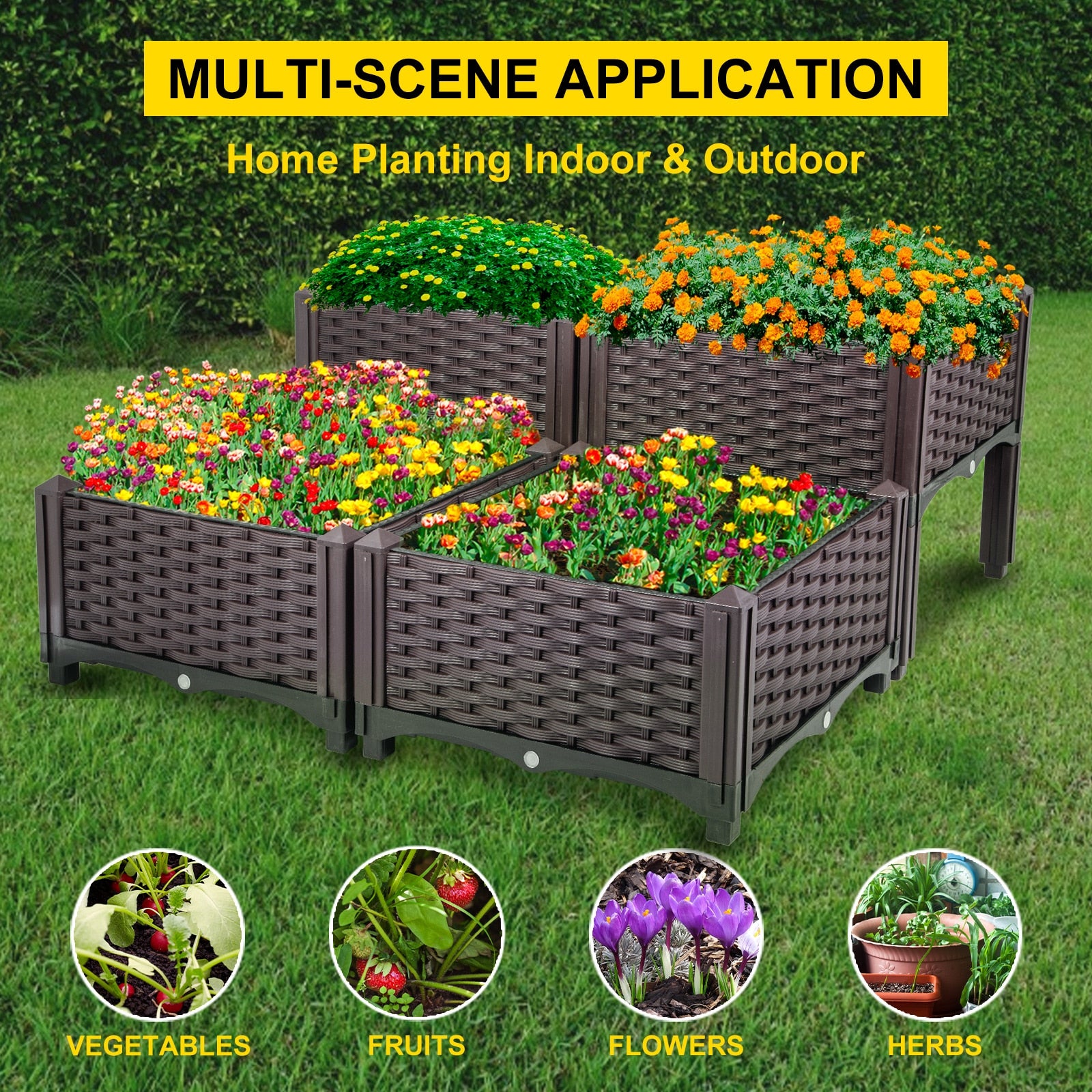 VEVOR Plastic Raised Garden Bed 15.7 in Flower Box Kit Brown Rattan Style Grow Planter Care Box Raised Garden Planter in/Outdoor